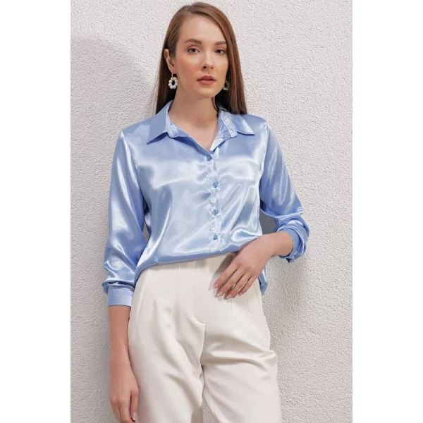 3964 Hafif Dökümlü Saten Gömlek  Mavi