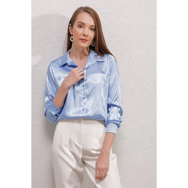 3964 Hafif Dökümlü Saten Gömlek  Mavi