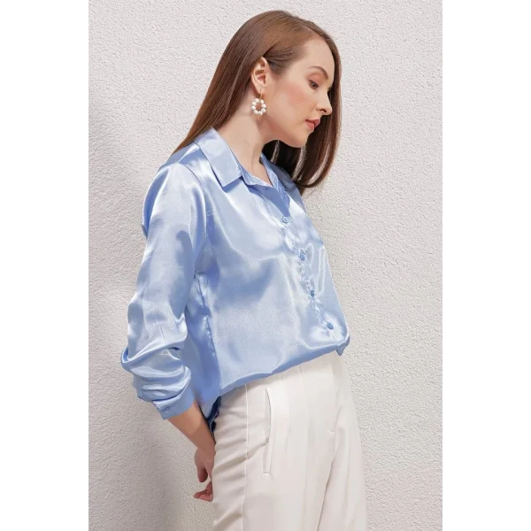 3964 Hafif Dökümlü Saten Gömlek  Mavi