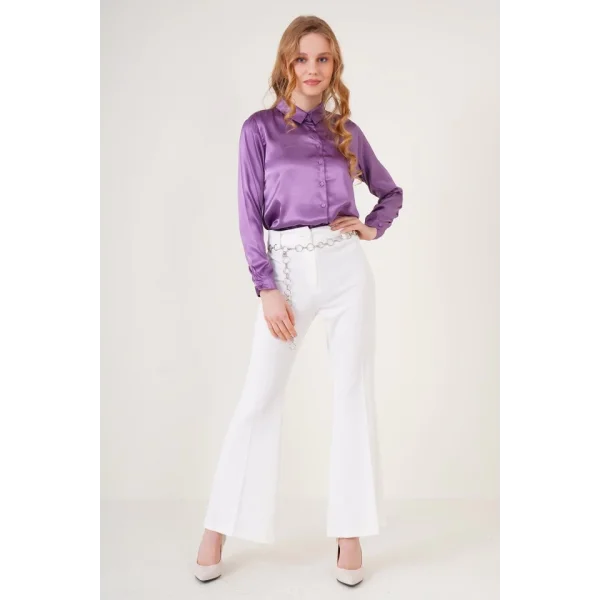 3964 Hafif Dökümlü Saten Gömlek - Mor