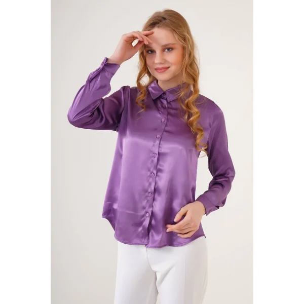 3964 Hafif Dökümlü Saten Gömlek - Mor