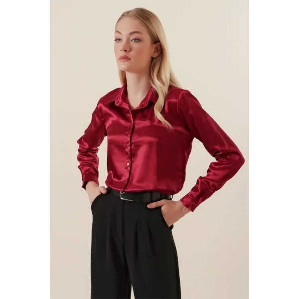 3964 Hafif Dökümlü Saten Gömlek  Mürdüm