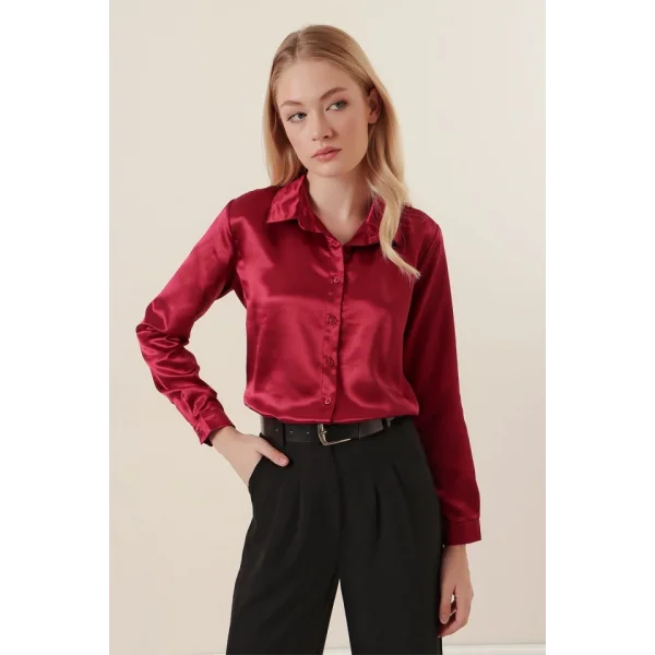 3964 Hafif Dökümlü Saten Gömlek  Mürdüm