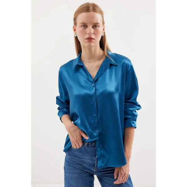 3964 Hafif Dökümlü Saten Gömlek - Petrol