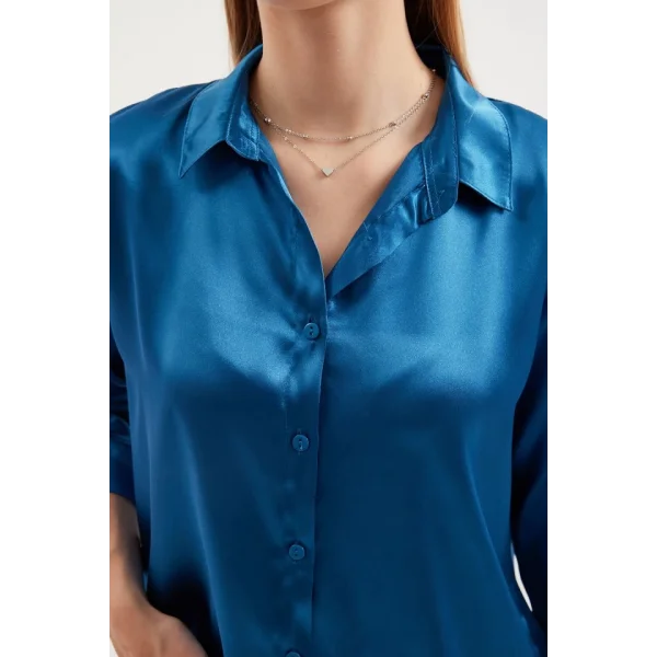 3964 Hafif Dökümlü Saten Gömlek - Petrol