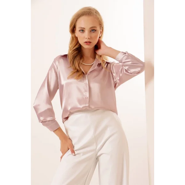 3964 Hafif Dökümlü Saten Gömlek  Pudra