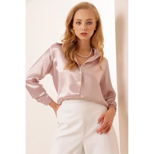 3964 Hafif Dökümlü Saten Gömlek  Pudra