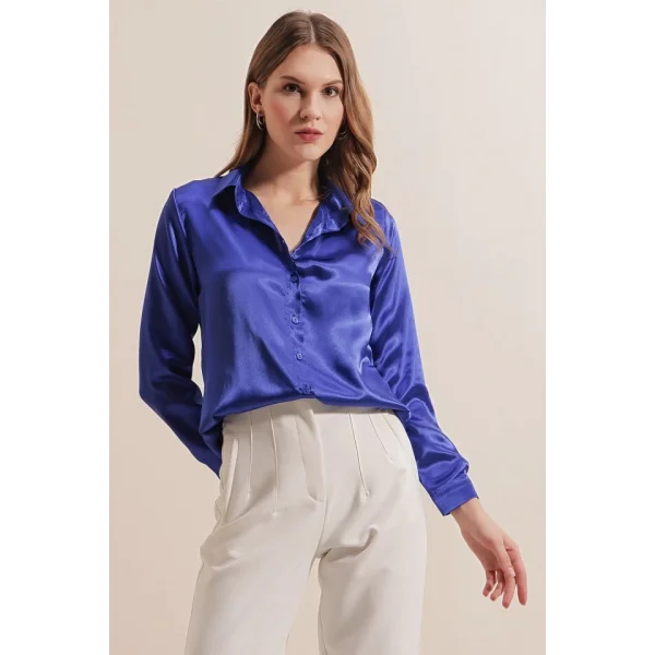 3964 Hafif Dökümlü Saten Gömlek  Saks