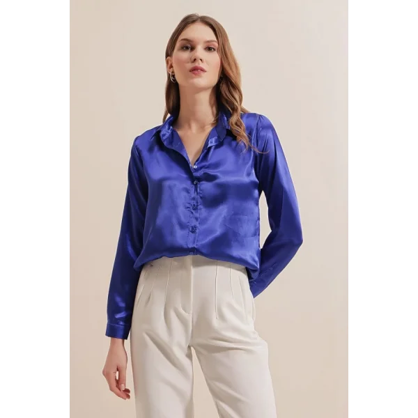 3964 Hafif Dökümlü Saten Gömlek  Saks