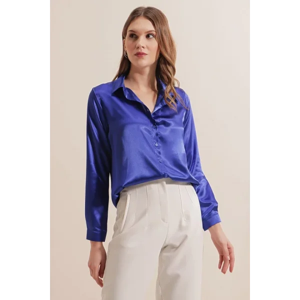 3964 Hafif Dökümlü Saten Gömlek  Saks