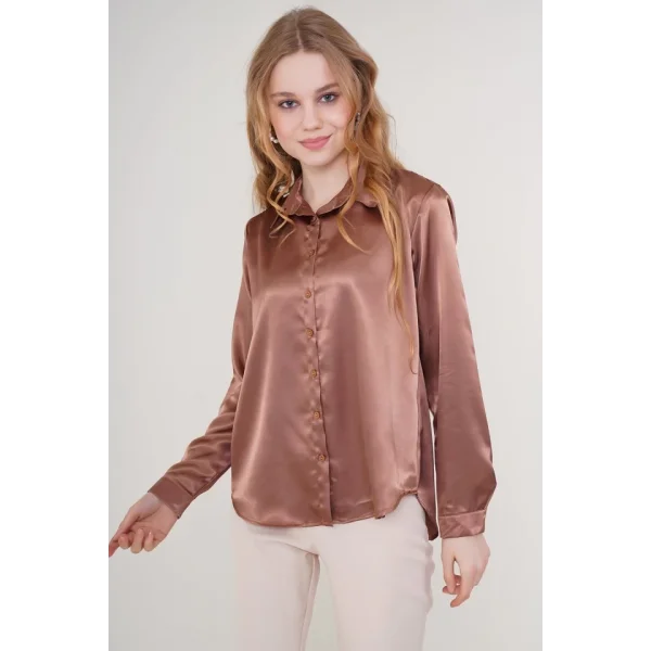 3964 Hafif Dökümlü Saten Gömlek  Taba