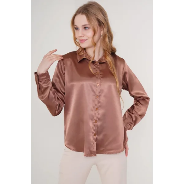 3964 Hafif Dökümlü Saten Gömlek  Taba