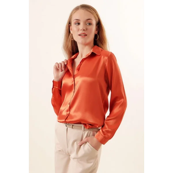 3964 Hafif Dökümlü Saten Gömlek  Turuncu
