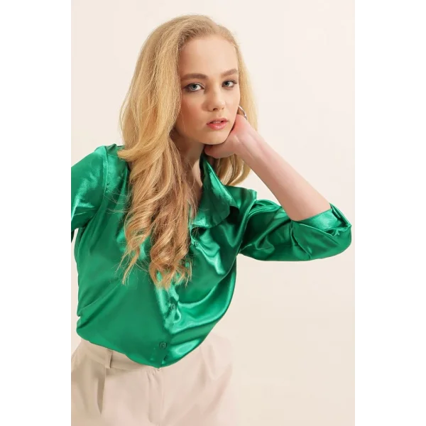 3964 Hafif Dökümlü Saten Gömlek  Yeşil