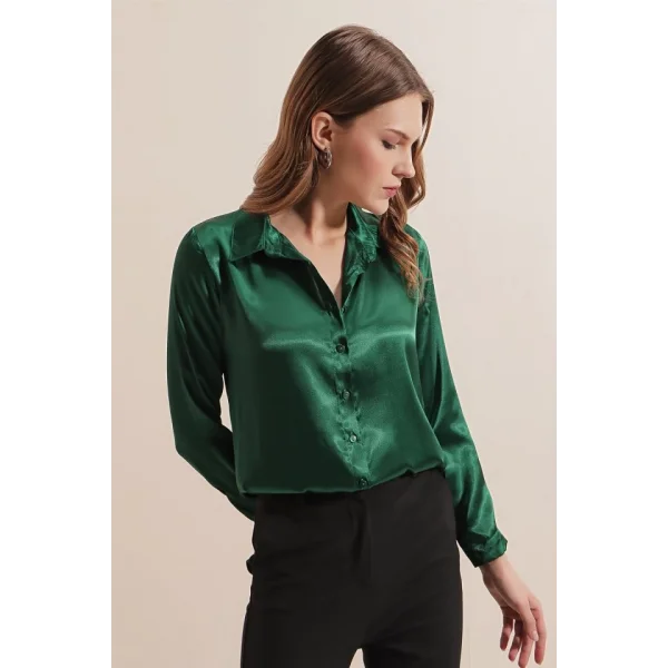 3964 Hafif Dökümlü Saten Gömlek  Zümrüt Yeşili