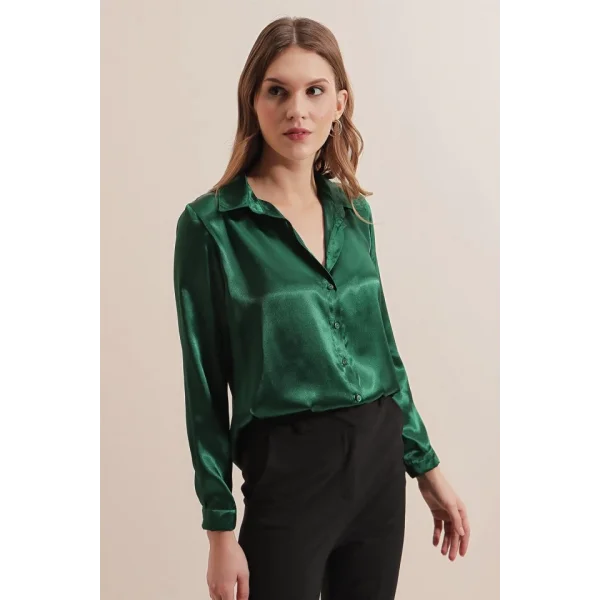 3964 Hafif Dökümlü Saten Gömlek  Zümrüt Yeşili