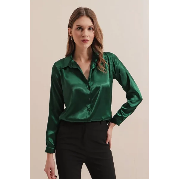 3964 Hafif Dökümlü Saten Gömlek  Zümrüt Yeşili