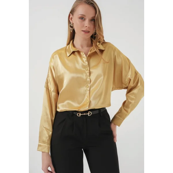 3985 Oversize Saten Gömlek  Altın Sarısı