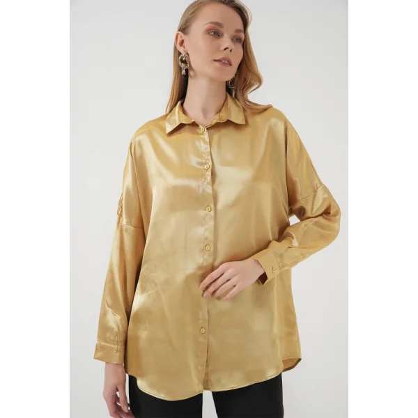 3985 Oversize Saten Gömlek  Altın Sarısı