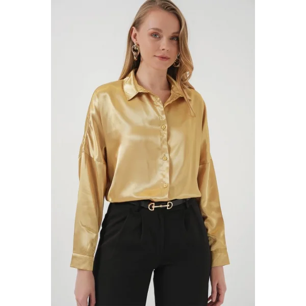 3985 Oversize Saten Gömlek  Altın Sarısı