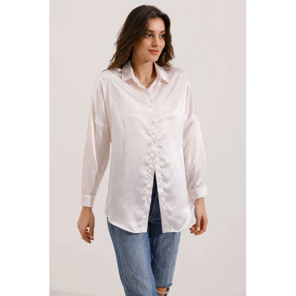 3985 Oversize Saten Gömlek  Bej