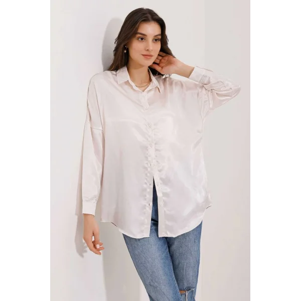 3985 Oversize Saten Gömlek  Bej