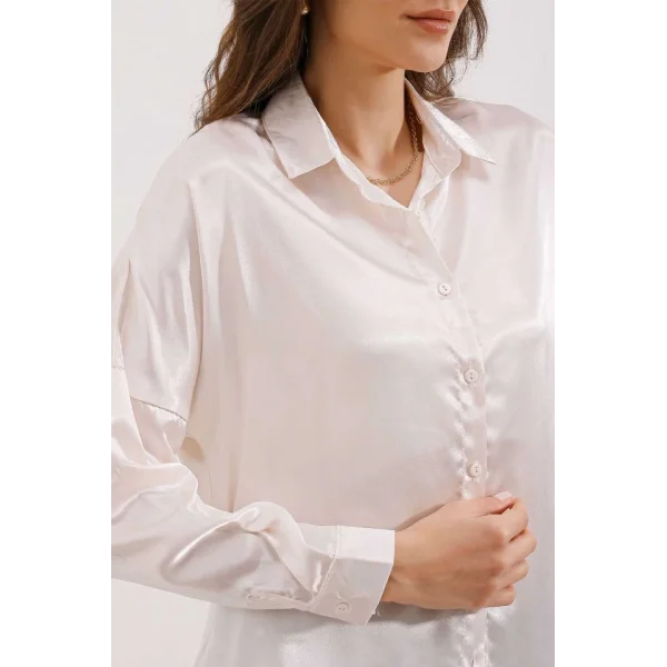3985 Oversize Saten Gömlek  Bej