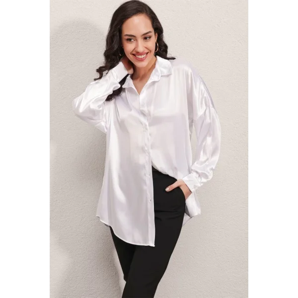 3985 Oversize Saten Gömlek  Beyaz