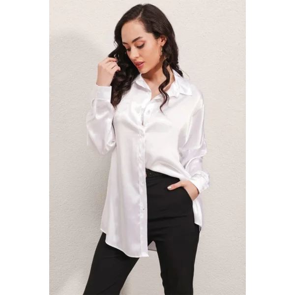 3985 Oversize Saten Gömlek  Beyaz