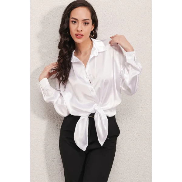 3985 Oversize Saten Gömlek  Beyaz