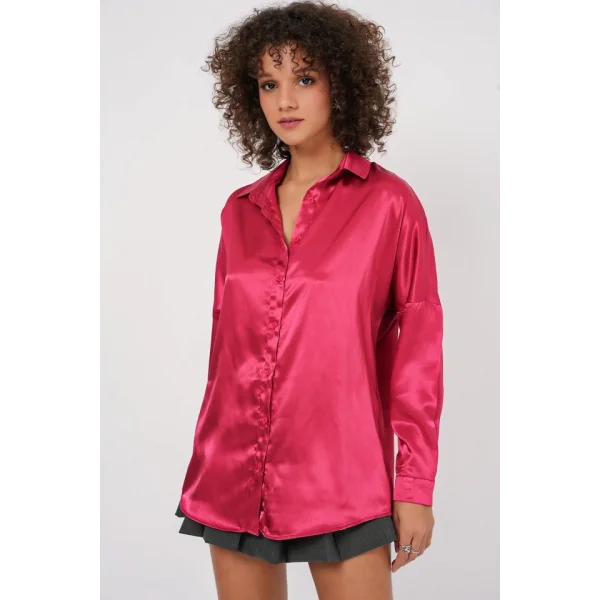 3985 Oversize Saten Gömlek  Bordo