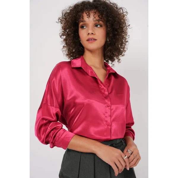 3985 Oversize Saten Gömlek  Bordo