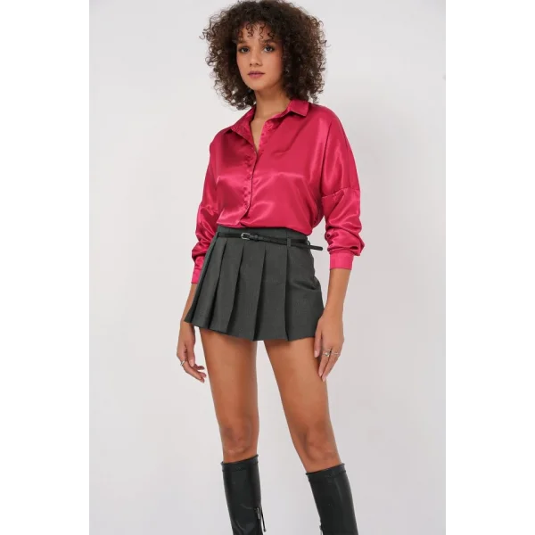 3985 Oversize Saten Gömlek  Bordo