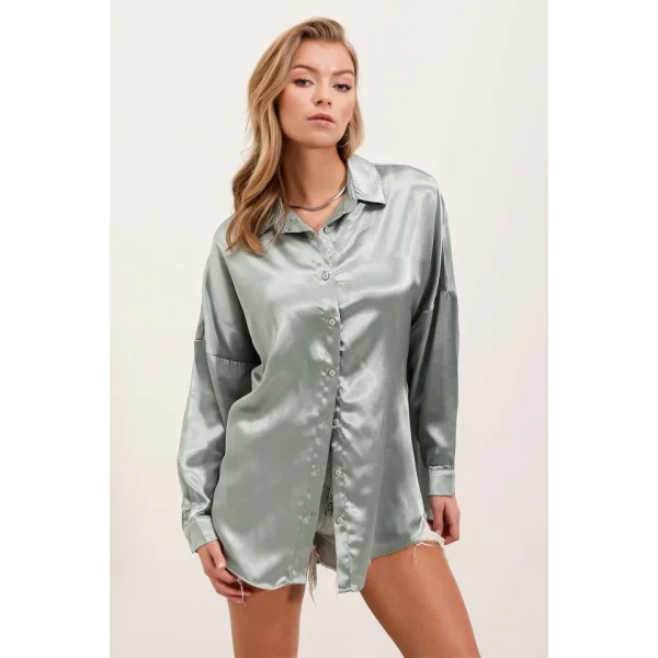 3985 Oversize Saten Gömlek  Çağla