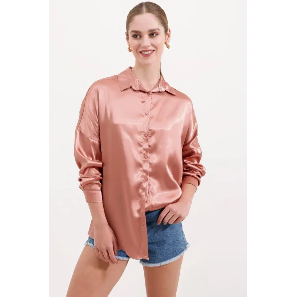 3985 Oversize Saten Gömlek  Camel
