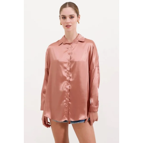 3985 Oversize Saten Gömlek  Camel