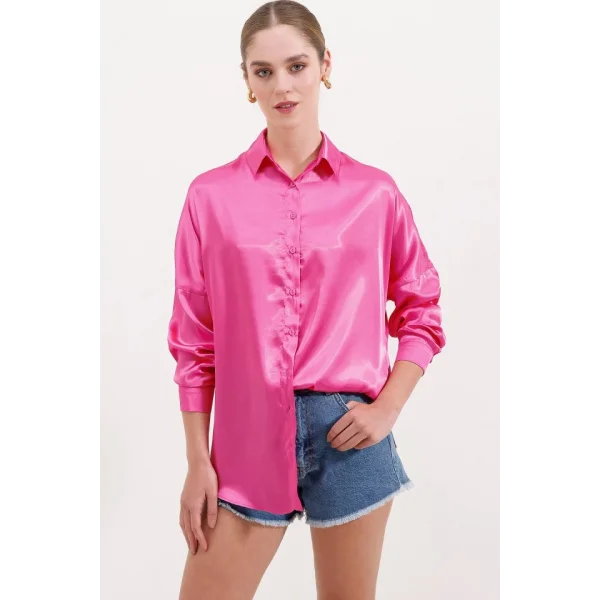 3985 Oversize Saten Gömlek  Fuşya