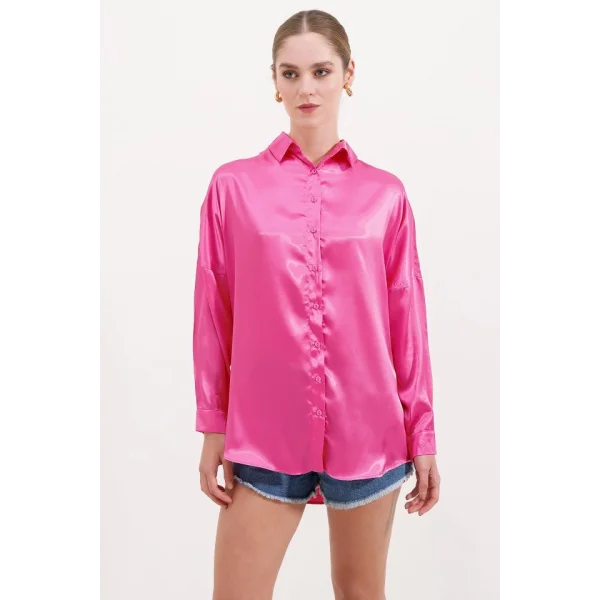 3985 Oversize Saten Gömlek  Fuşya