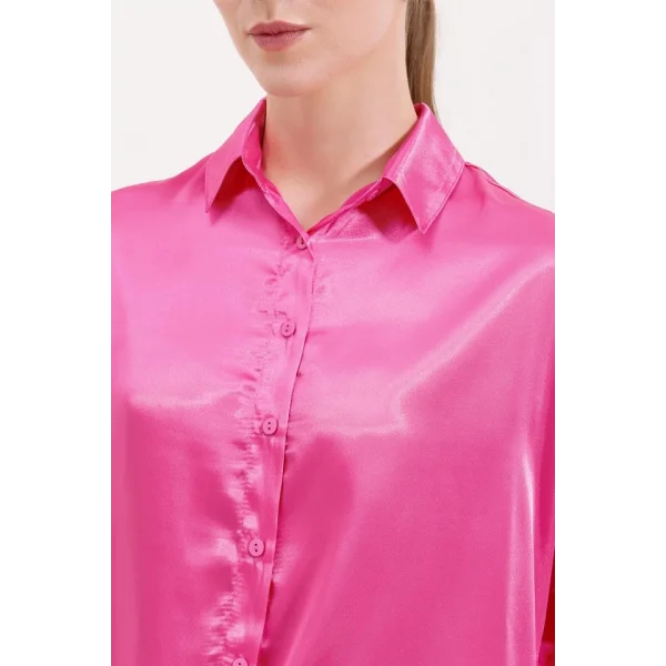 3985 Oversize Saten Gömlek  Fuşya