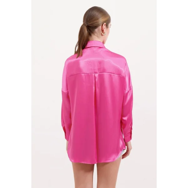 3985 Oversize Saten Gömlek  Fuşya