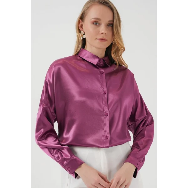 3985 Oversize Saten Gömlek  Koyu Lila