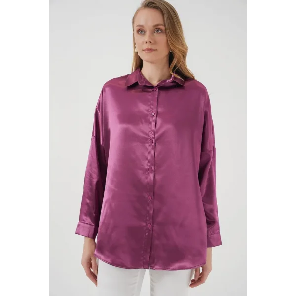 3985 Oversize Saten Gömlek  Koyu Lila
