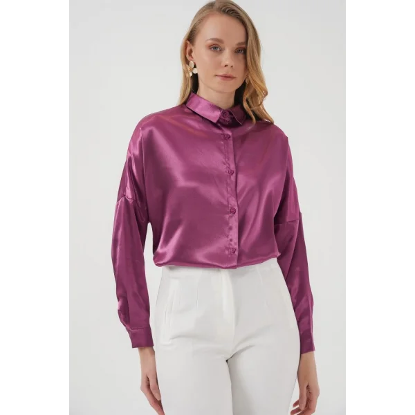 3985 Oversize Saten Gömlek  Koyu Lila