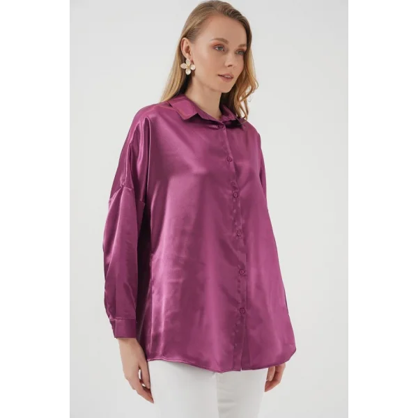 3985 Oversize Saten Gömlek  Koyu Lila