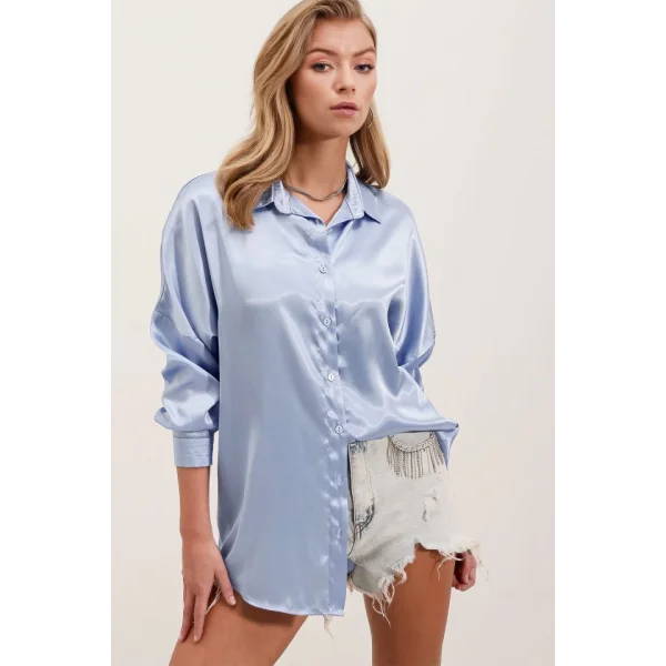 3985 Oversize Saten Gömlek  Mavi