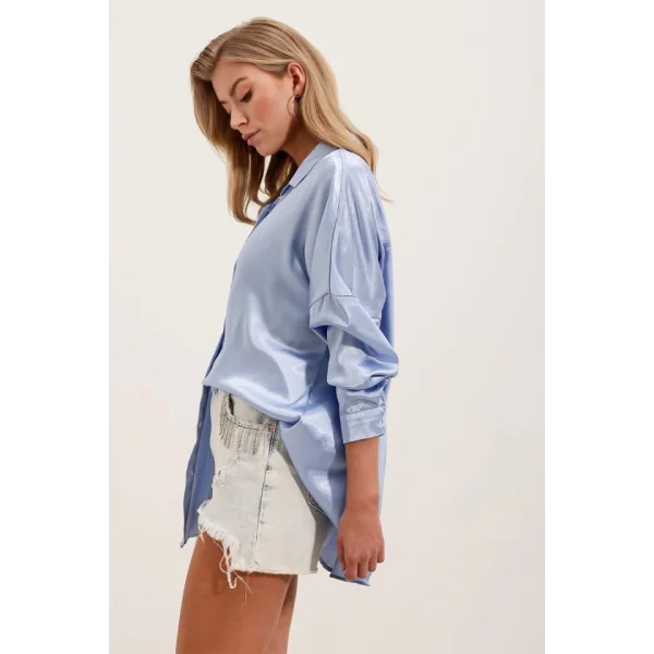 3985 Oversize Saten Gömlek  Mavi