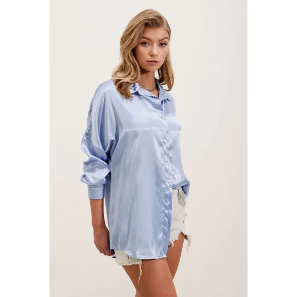 3985 Oversize Saten Gömlek  Mavi