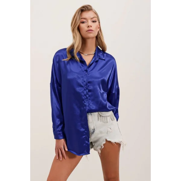 3985 Oversize Saten Gömlek  Saks