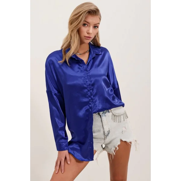 3985 Oversize Saten Gömlek  Saks