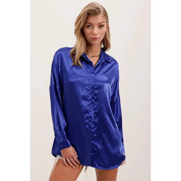 3985 Oversize Saten Gömlek  Saks